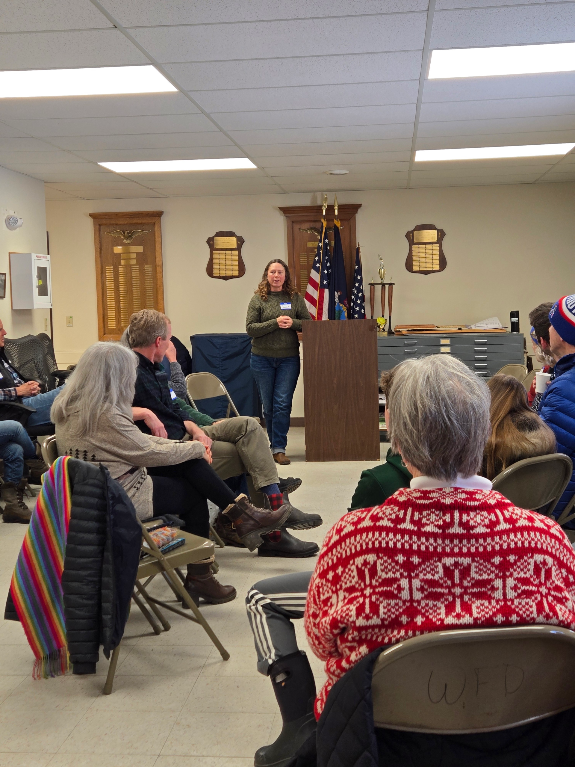 Beth Bosworth, state Senate candidate, speak to crowd.