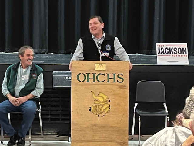 Oxford County Democrats Chair Bruce Bryant and Gubernatorial Candidate Troy Jackson enjoy a laugh in South Paris.
